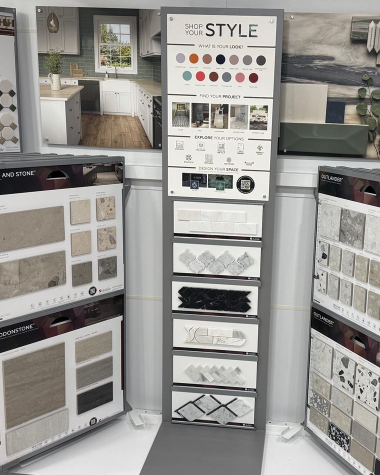 Showroom design wall with tile styles and inspiration boards